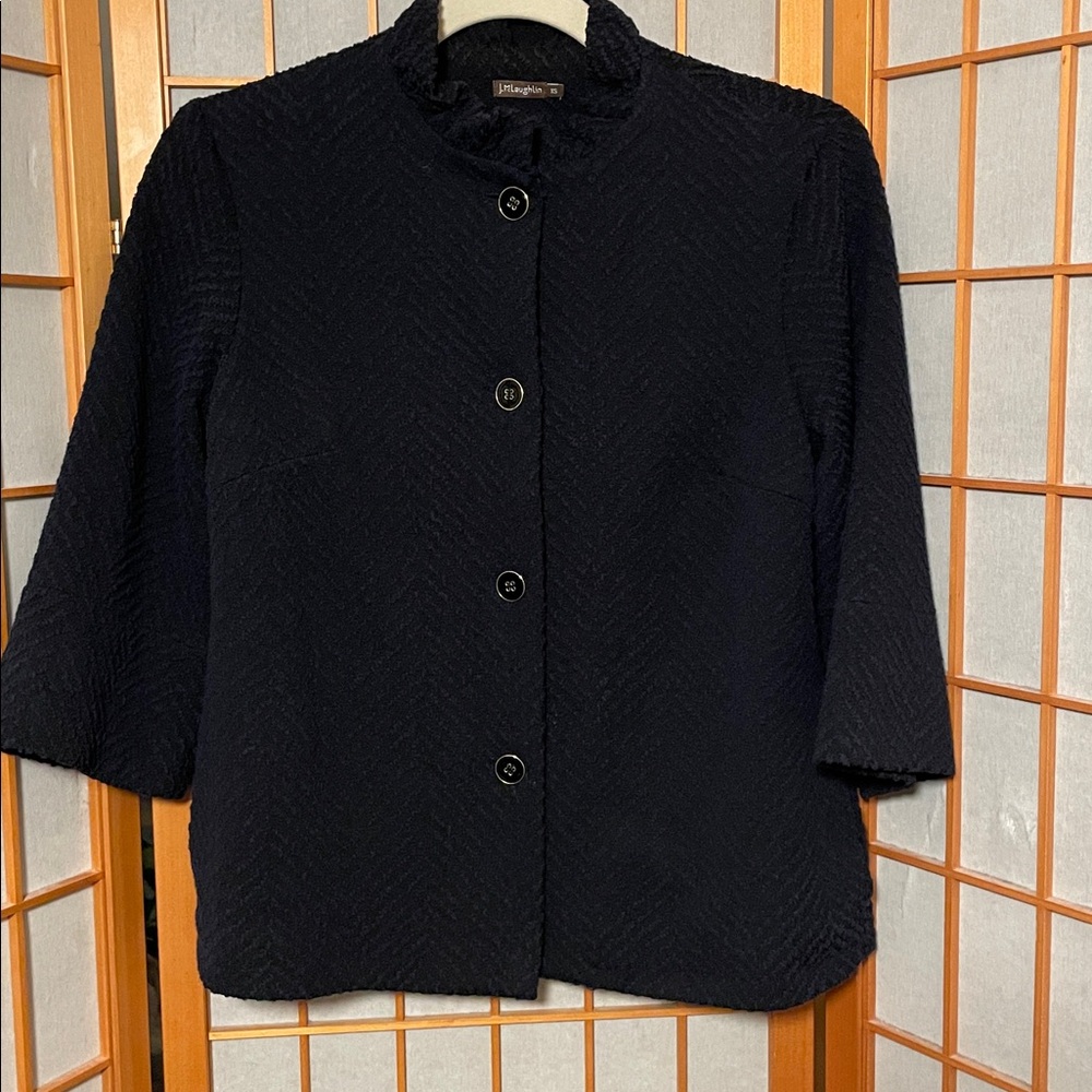 J. McLaughlin Navy Textured Knit Button Up Jacket Ruffle detail at neck Size XS